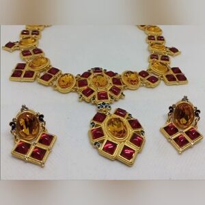 Percossi Papi Stamped Red & Amber Stone Necklace/Earring Set